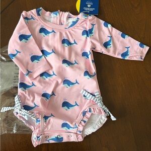 Ruffle Butts Pink Whale Friends Rashguard One-Piece with Blue Whale Print
